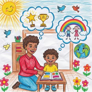 Dessin d’une éducatrice spécialisée accompagnant un enfant dans son apprentissage avec des bulles de pensées positives (étoile, trophée, arc-en-ciel), illustrant l'éducation spécialisée à la Maison Caracol.