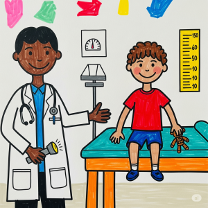 Dessin d’un médecin pédiatre et d’un enfant en consultation, illustrant le processus d’évaluation et de suivi pédiatrique à la Maison Caracol.
