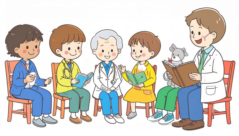 Illustration d'une équipe de professionnels et d'enfants en cercle, représentant les 392 évaluations et orientations réalisées par la Maison Caracol.