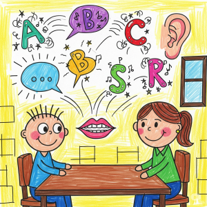 Dessin d’un enfant et d’une intervenante en séance d’orthophonie avec des bulles de lettres et de sons, illustrant le développement du langage à la Maison Caracol.