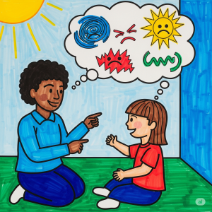 Illustration d’une intervenante en psychoéducation discutant avec un enfant des émotions (colère, tristesse, joie), services de soutien à la Maison Caracol.