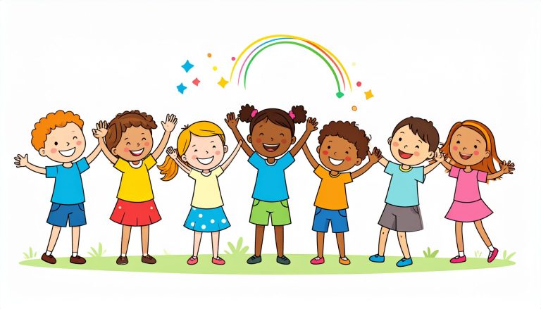 Illustration de sept enfants joyeux sous un arc-en-ciel, représentant les 330 enfants suivis par la Maison Caracol.