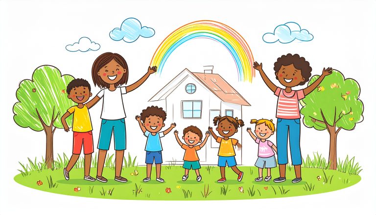 Illustration de familles joyeuses devant une maison avec un arc-en-ciel, représentant les 3004 interventions de la Maison Caracol auprès des enfants et familles.