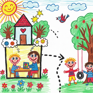 Dessin d’une intervenante et d’un enfant discutant à une table, illustrant les évaluations et suivis psychosociaux à la Maison Caracol.