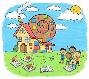 Illustration colorée de la Maison Caracol avec des enfants et des escargots lisant des journaux, lien vers la revue de presse de l'organisme.